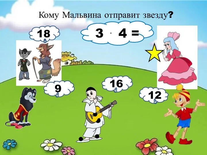 Кому Мальвина отправит звезду? 3 ⋅ 4 = 18 9 16 12