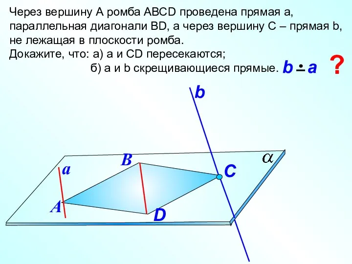 Через вершину А ромба АВСD проведена прямая а, параллельная диагонали ВD,