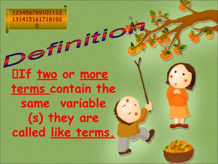 Definition 1234567891011121314151617181920 If two or more terms contain the same variable