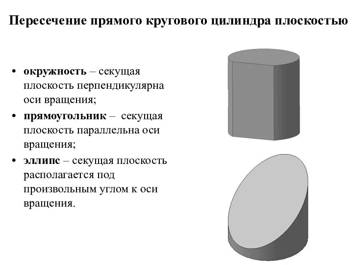 Пересечение прямого кругового цилиндра плоскостью окружность – секущая плоскость перпендикулярна оси