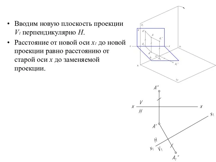 Вводим новую плоскость проекции V1 перпендикулярно Н. Расстояние от новой оси