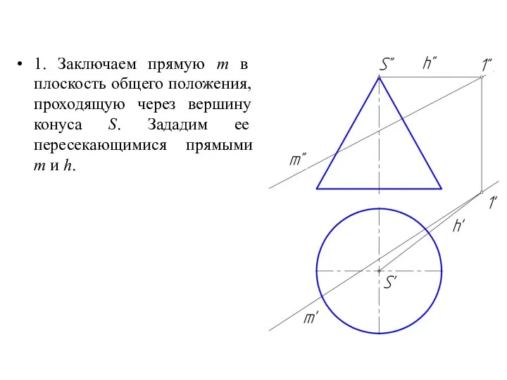 1. Заключаем прямую m в плоскость общего положения, проходящую через вершину