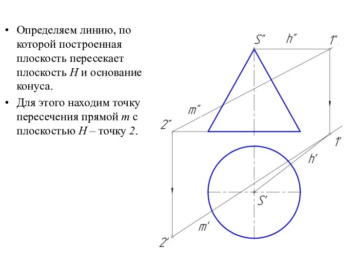 Определяем линию, по которой построенная плоскость пересекает плоскость H и основание