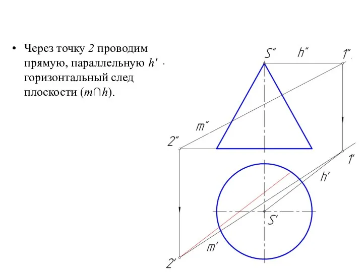 Через точку 2 проводим прямую, параллельную h' - горизонтальный след плоскости (m∩h).