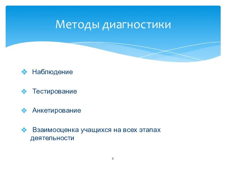 Наблюдение Тестирование Анкетирование Взаимооценка учащихся на всех этапах деятельности Методы диагностики