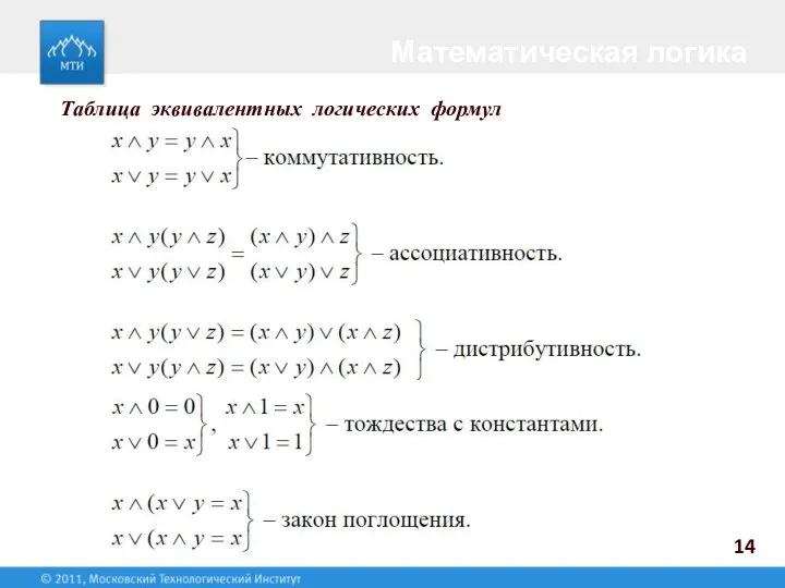 14 Математическая логика Таблица эквивалентных логических формул