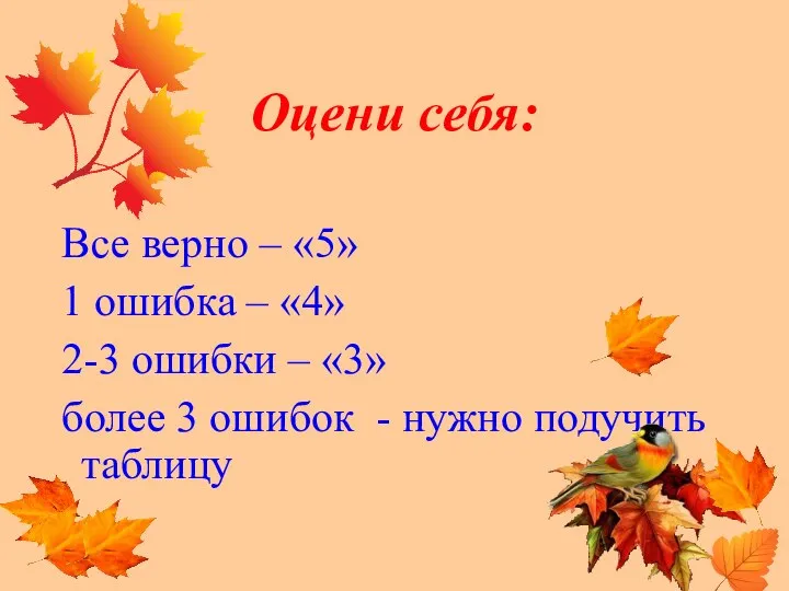 Оцени себя: Все верно – «5» 1 ошибка – «4» 2-3