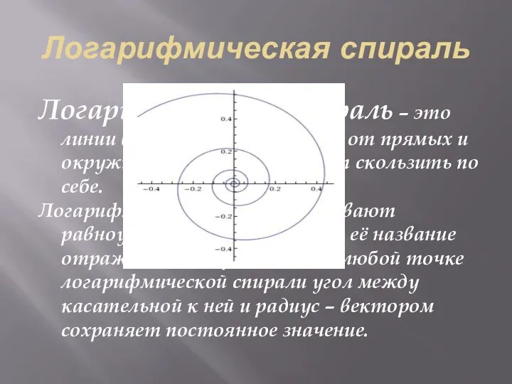 Логарифмическая спираль Логарифмическая спираль – это линии в геометрии, отличные от