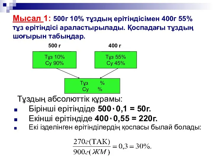 Мысал 1: 500г 10% тұздың ерітіндісімен 400г 55% тұз ерітіндісі араластырылады.