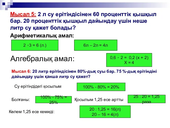 Мысал 5: 2 л су ерітіндісінен 60 проценттік қышқыл бар. 20