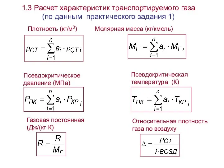 1.3 Расчет характеристик транспортируемого газа (по данным практического задания 1) Плотность