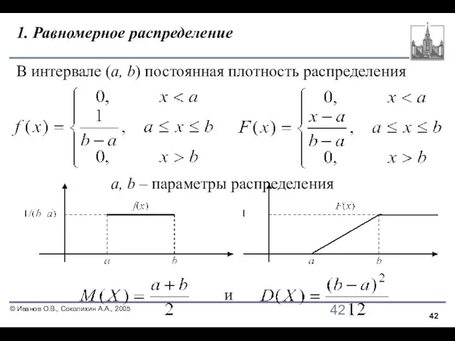 1. Равномерное распределение В интервале (a, b) постоянная плотность распределения a, b – параметры распределения и