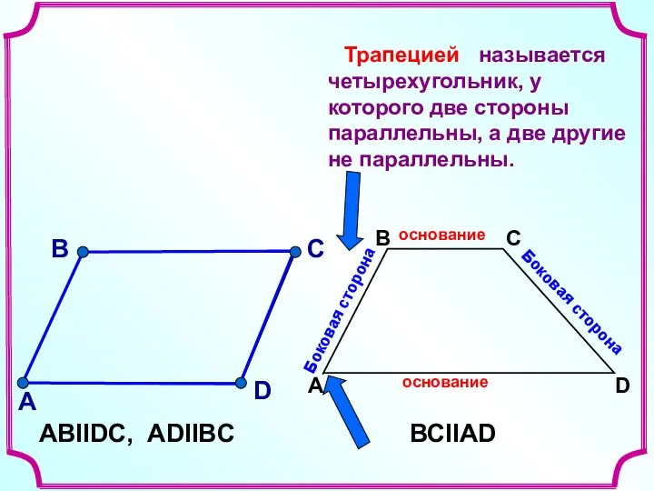 Боковая сторона Боковая сторона называется четырехугольник, у которого две стороны параллельны,