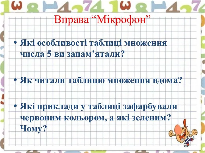 Вправа “Мікрофон” Які особливості таблиці множення числа 5 ви запам’ятали? Як