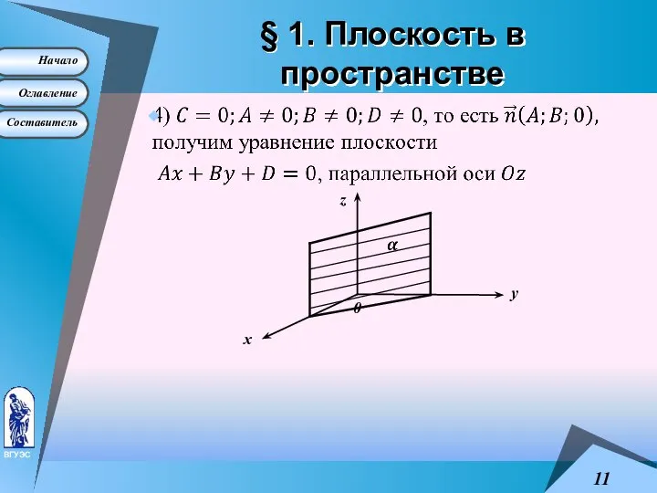 § 1. Плоскость в пространстве 0 х у z