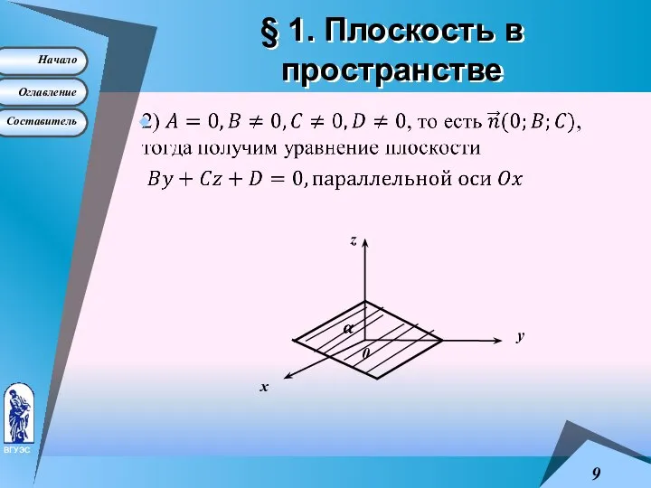 § 1. Плоскость в пространстве 0 x y z