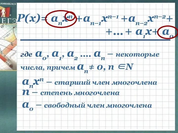 Р(х)= апхп +ап–1хп–1 +ап–2хп–2+ +… + а1х+ а0 где а0, а1,