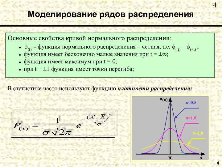 4 Моделирование рядов распределения Основные свойства кривой нормального распределения: ● ϕ(t)