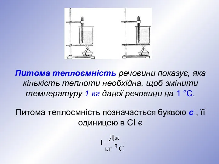 Питома теплоємність речовини показує, яка кількість теплоти необхідна, щоб змінити температуру