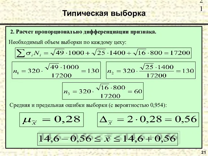 21 Типическая выборка 2. Расчет пропорционально дифференциации признака.