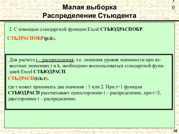 30 Малая выборка Распределение Стьюдента