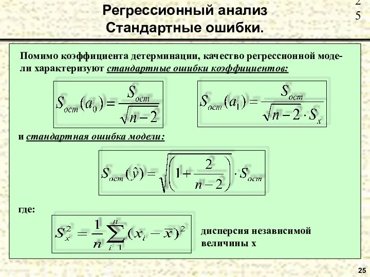 25 Регрессионный анализ Стандартные ошибки. Помимо коэффициента детерминации, качество регрессионной моде-ли