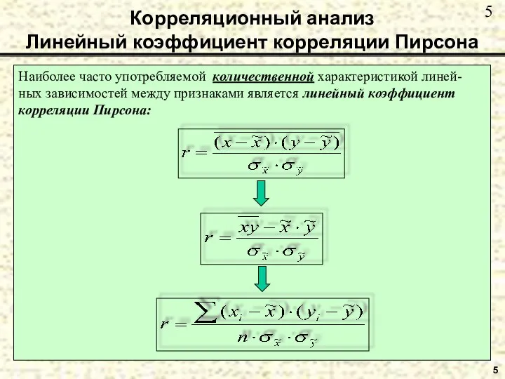 5 Корреляционный анализ Линейный коэффициент корреляции Пирсона Наиболее часто употребляемой количественной