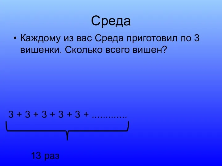 Среда Каждому из вас Среда приготовил по 3 вишенки. Сколько всего