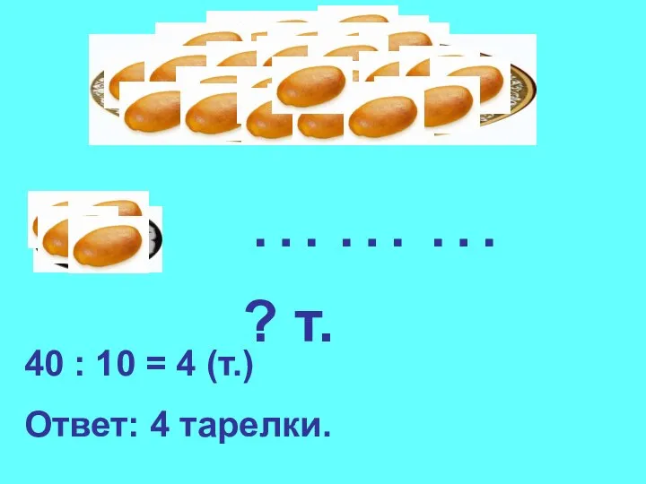 … ? т. … … 40 : 10 = 4 (т.) Ответ: 4 тарелки.