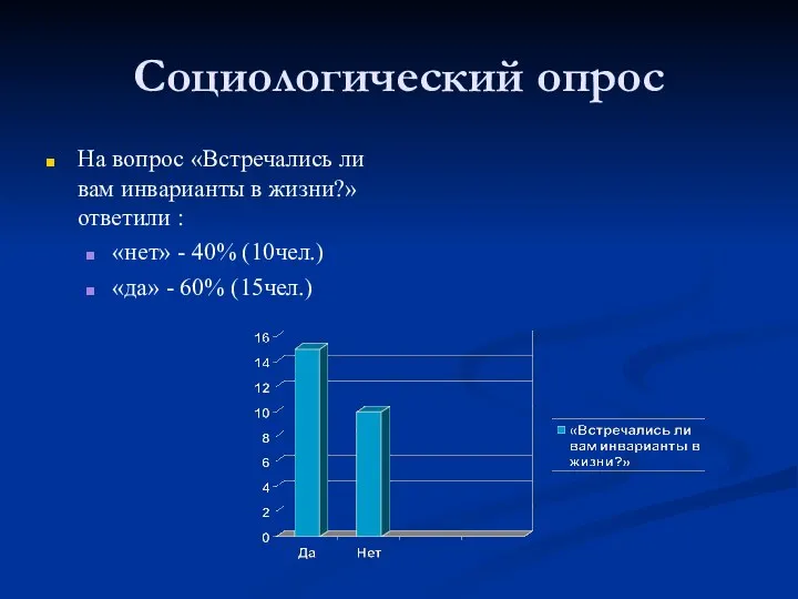 Социологический опрос На вопрос «Встречались ли вам инварианты в жизни?» ответили