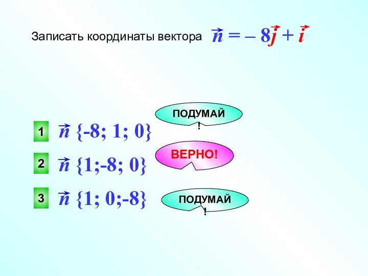 2 ВЕРНО! 1 3 ПОДУМАЙ! ПОДУМАЙ! Записать координаты вектора