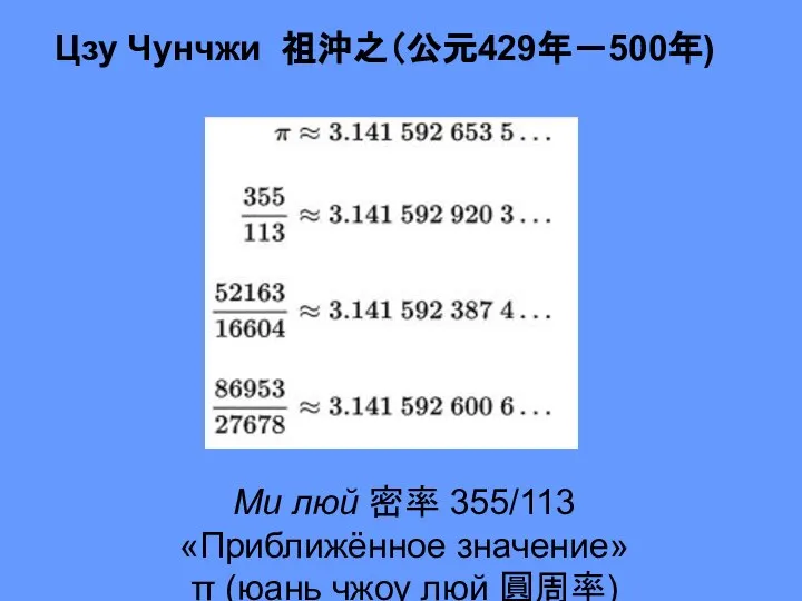 Ми люй 密率 355/113 «Приближённое значение» π (юань чжоу люй 圓周率) Цзу Чунчжи 祖沖之（公元429年－500年)