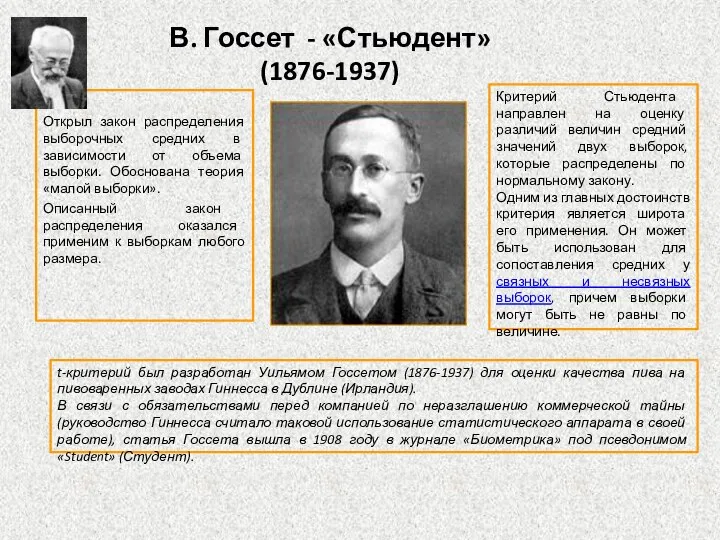 В. Госсет - «Стьюдент» (1876-1937) Открыл закон распределения выборочных средних в