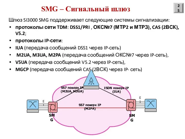 Шлюз SI3000 SMG поддерживает следующие системы сигнализации: протоколы сети TDM: DSS1/PRI