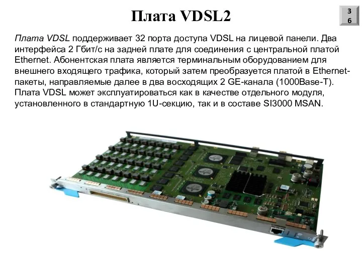 Плата VDSL2 36 Плата VDSL поддерживает 32 порта доступа VDSL на