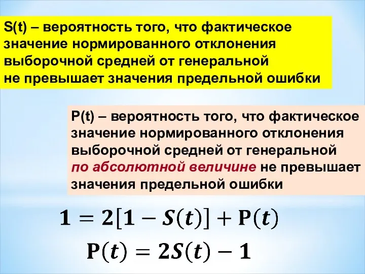 S(t) – вероятность того, что фактическое значение нормированного отклонения выборочной средней