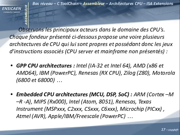 ASSEMBLEUR Bas niveau – C ToolChain – Assembleur – Architectures CPU