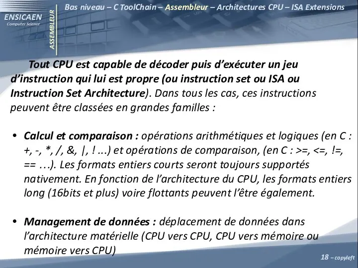 ASSEMBLEUR Bas niveau – C ToolChain – Assembleur – Architectures CPU