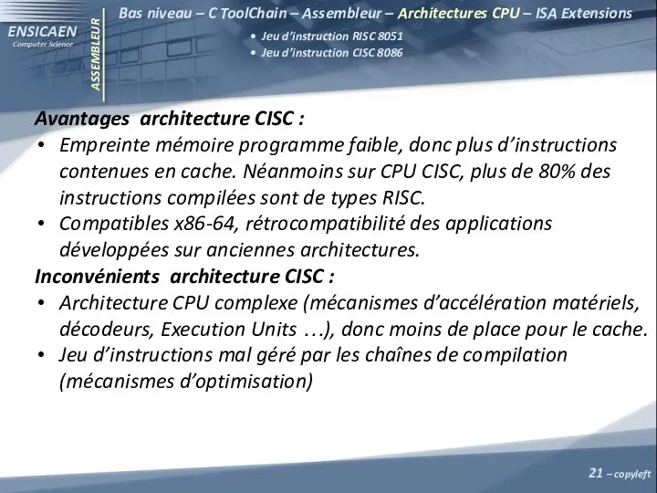 ASSEMBLEUR Avantages architecture CISC : Empreinte mémoire programme faible, donc plus