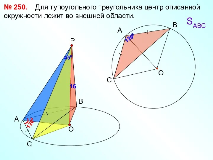 № 250. Для тупоугольного треугольника центр описанной окружности лежит во внешней