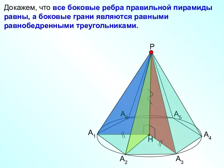 Докажем, что все боковые ребра правильной пирамиды равны, а боковые грани