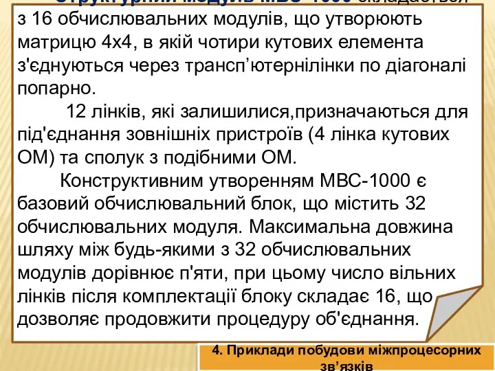 Структурний модуль МВС-1000 складається з 16 обчислювальних модулів, що утворюють матрицю