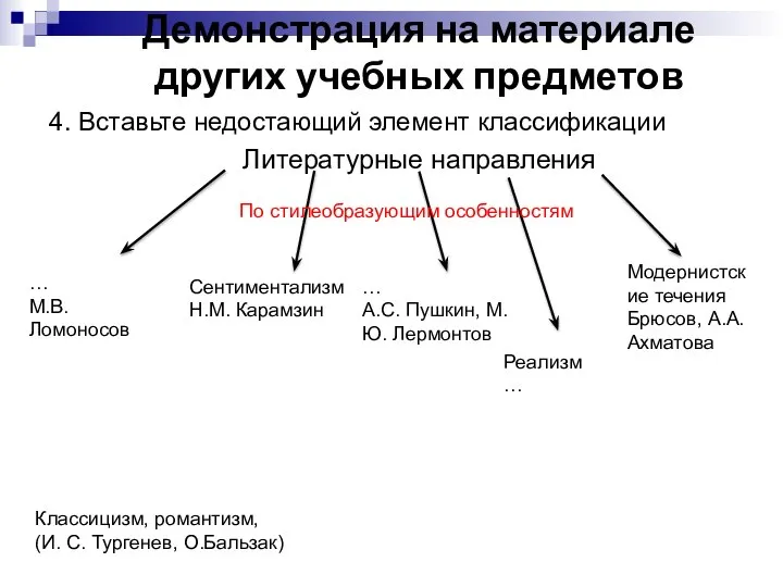 4. Вставьте недостающий элемент классификации Литературные направления … М.В. Ломоносов Сентиментализм