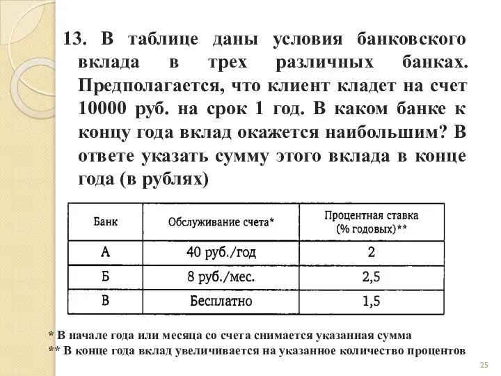 13. В таблице даны условия банковского вклада в трех различных банках.