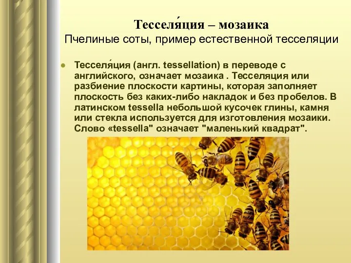 Тесселя́ция – мозаика Пчелиные соты, пример естественной тесселяции Тесселя́ция (англ. tessellation)