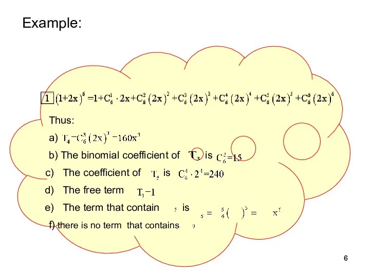 Thus: a) b) The binomial coefficient of is The coefficient of