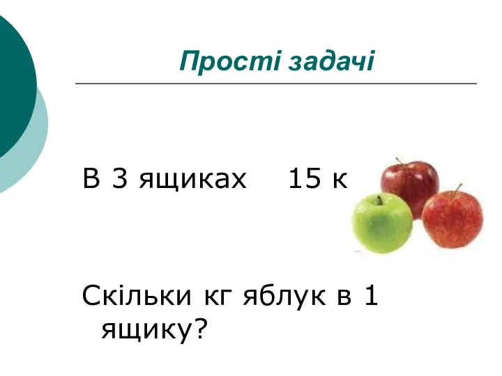 Прості задачі В 3 ящиках 15 кг Скільки кг яблук в 1 ящику?
