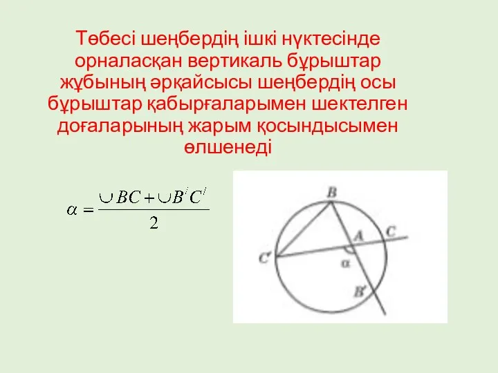 Төбесі шеңбердің ішкі нүктесінде орналасқан вертикаль бұрыштар жұбының әрқайсысы шеңбердің осы