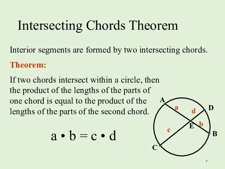 Intersecting Chords Theorem Interior segments are formed by two intersecting chords.