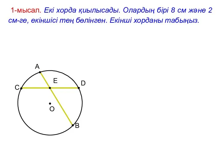 1-мысал. Екі хорда қиылысады. Олардың бірі 8 см және 2 см-ге,